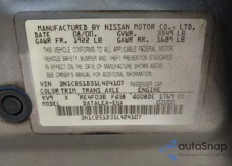 2001 Nissan Sentra Gxe from USA, damaged, VIN 3N1CB51D31L424107